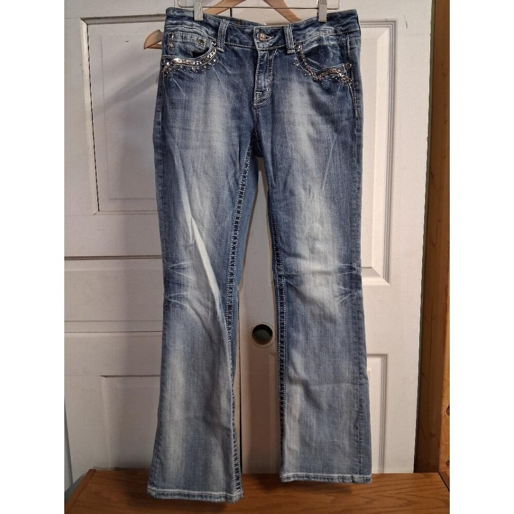 Miss Me Womens Easy Bootcut Jeans Size 29 Distressed Denim With Embellished Back